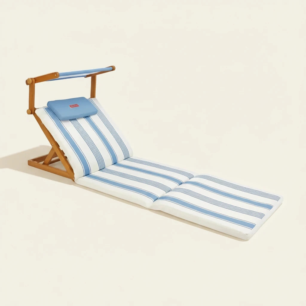 Wooden lounge chair with striped cushion on a beige background