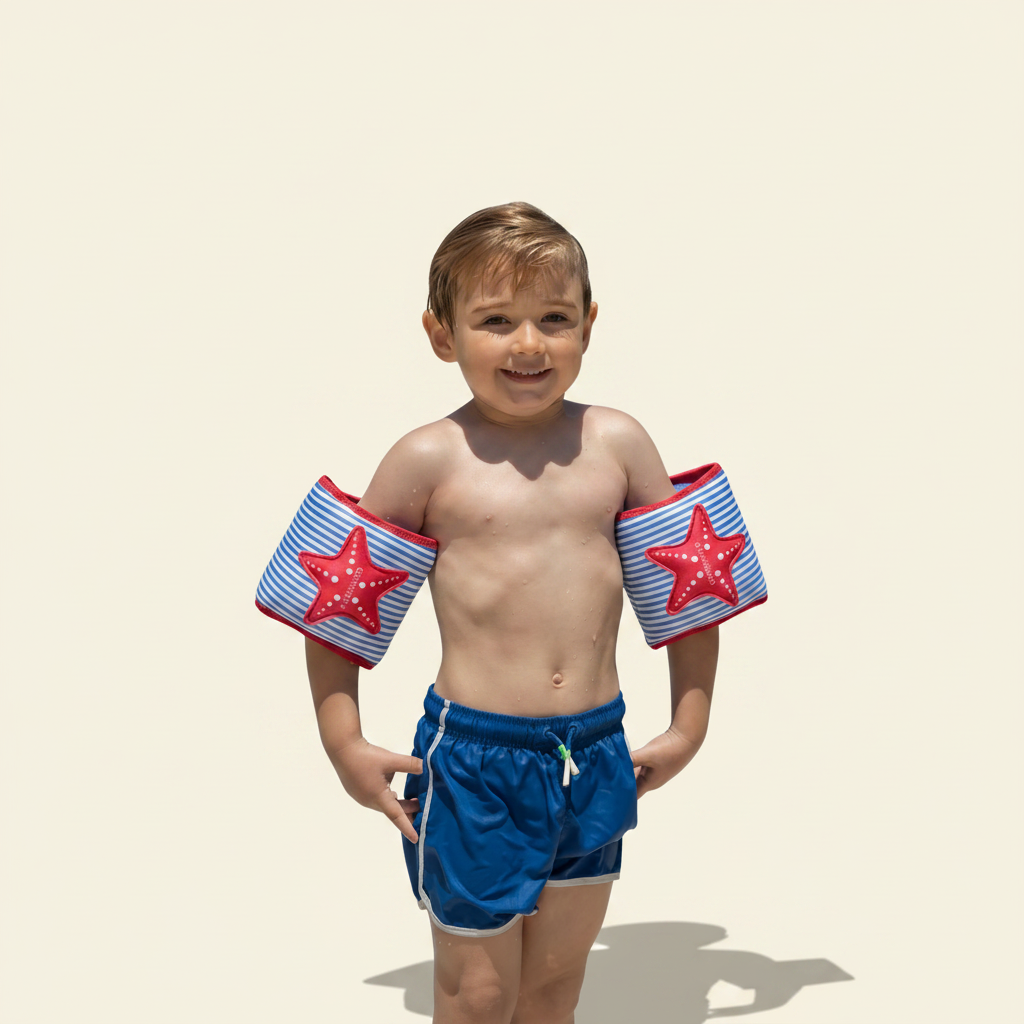 Child wearing red star arm floats by a pool with greenery in the background