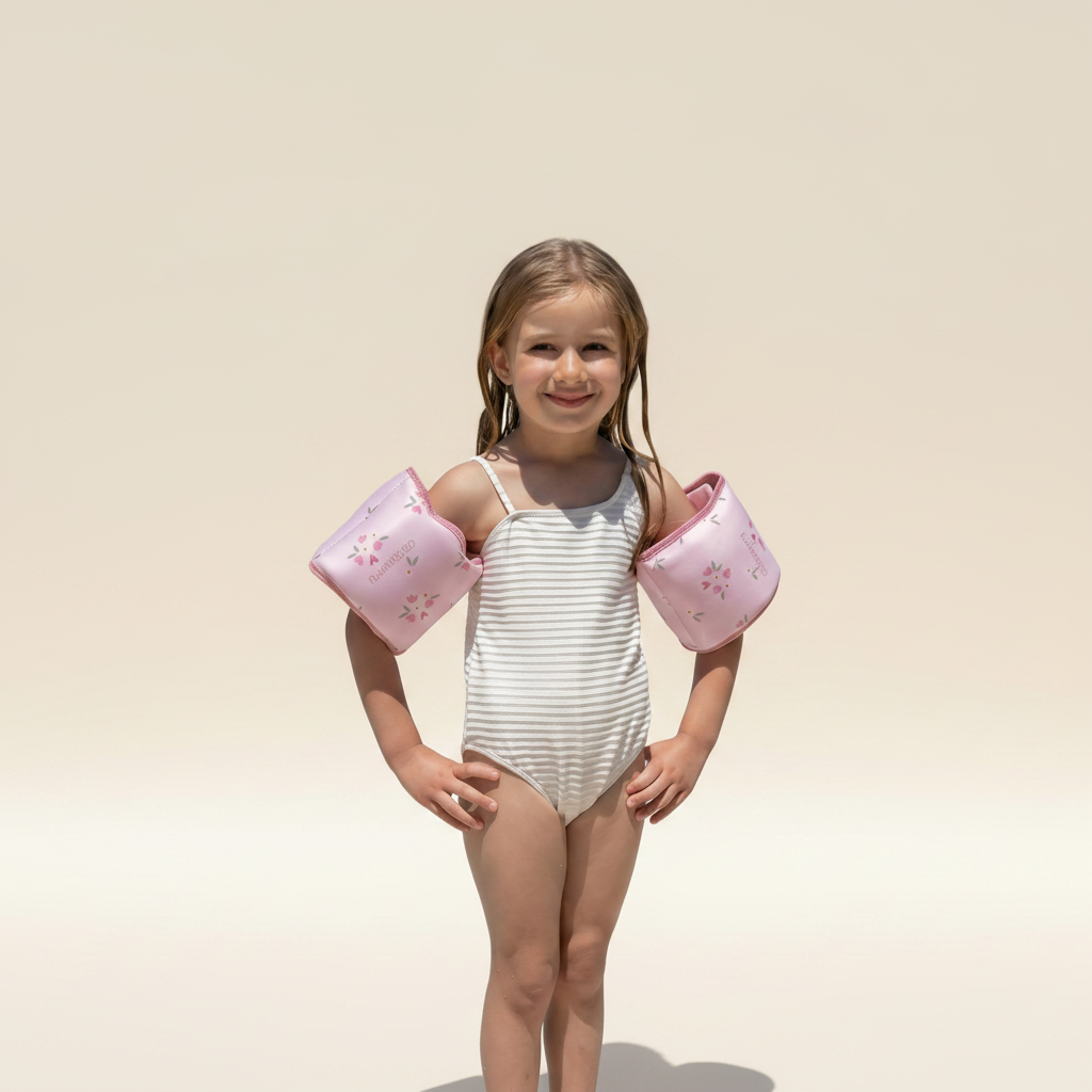 Young girl with pink arm floats standing by a pool