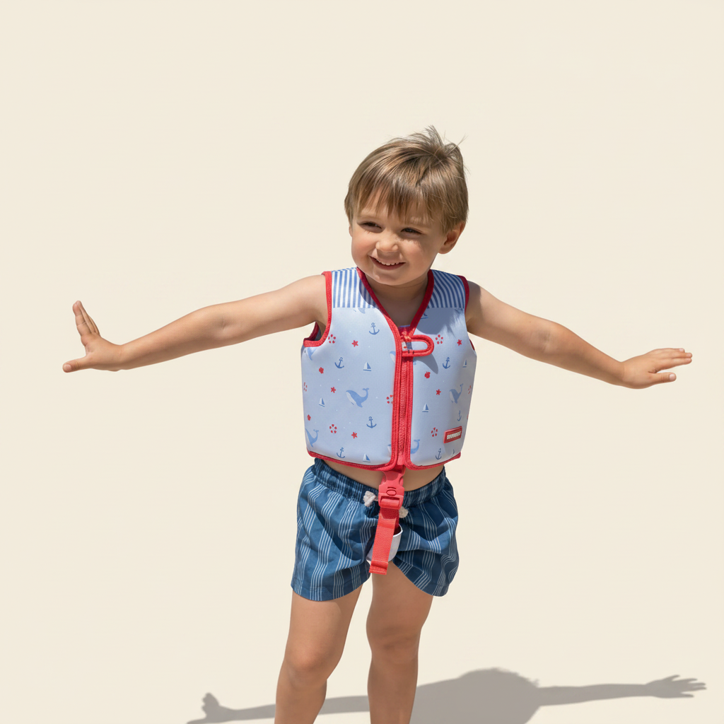 Child wearing a life jacket and swim shorts standing by a pool.