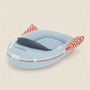 Inflatable boat with checkered life preservers and a steering wheel on a light gray background