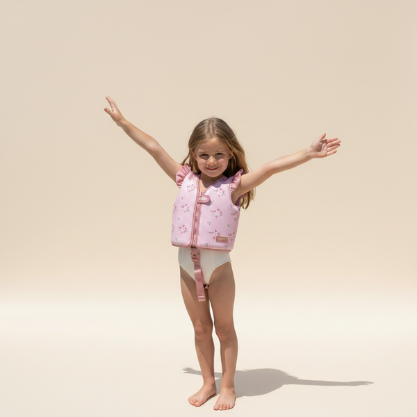 Young girl in a pink life jacket standing by a pool with plants and a building in the background