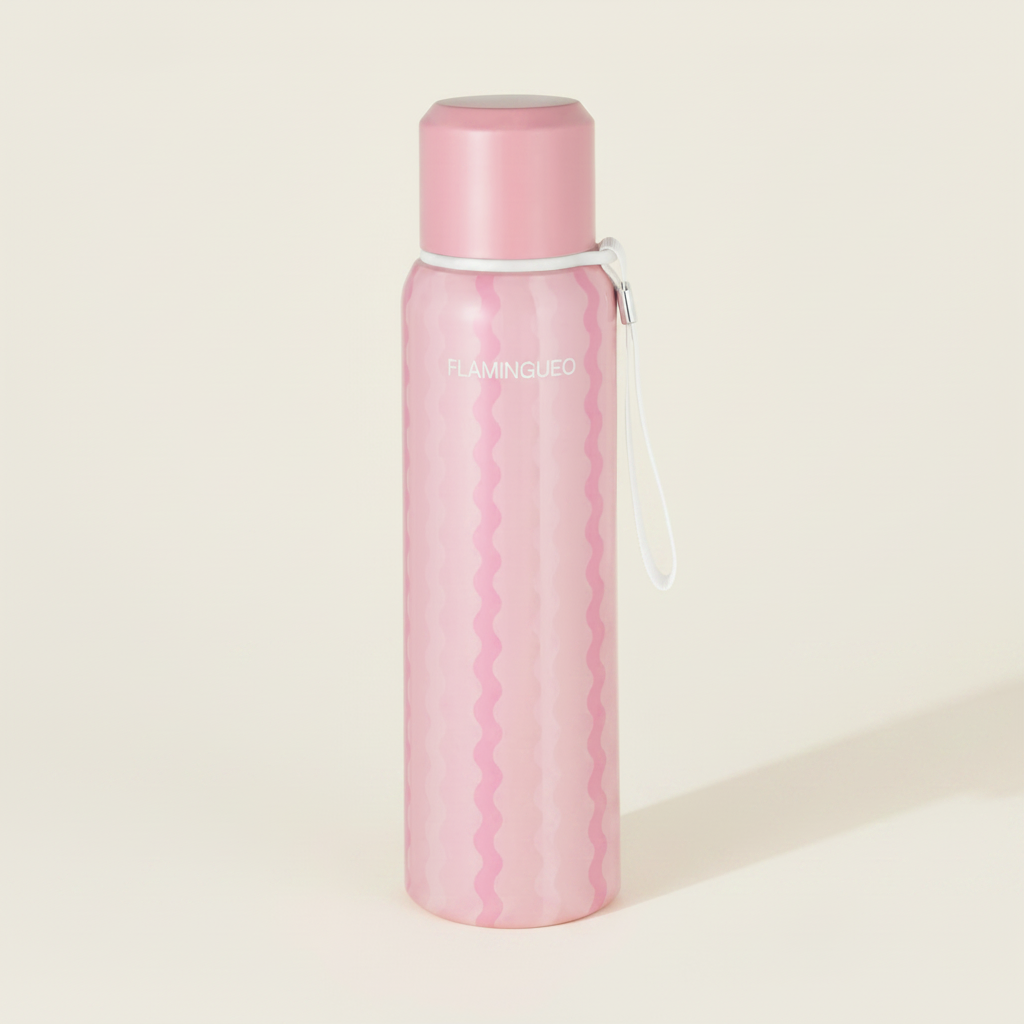 Pink water bottle with a textured pattern on a light gray background