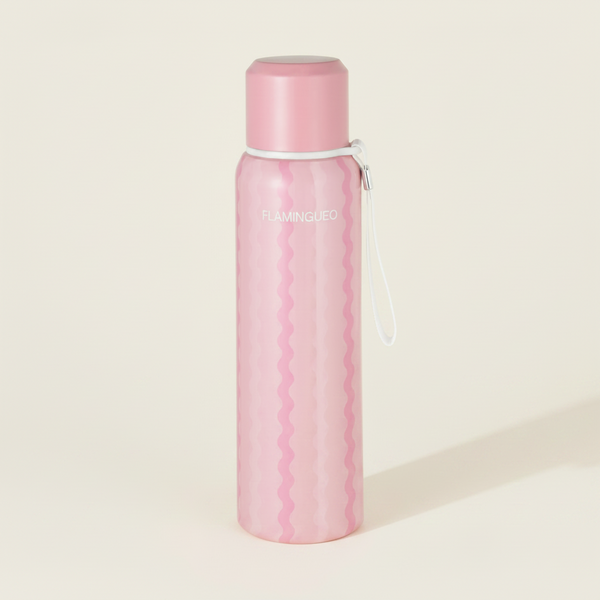 Pink water bottle with a textured pattern on a light gray background