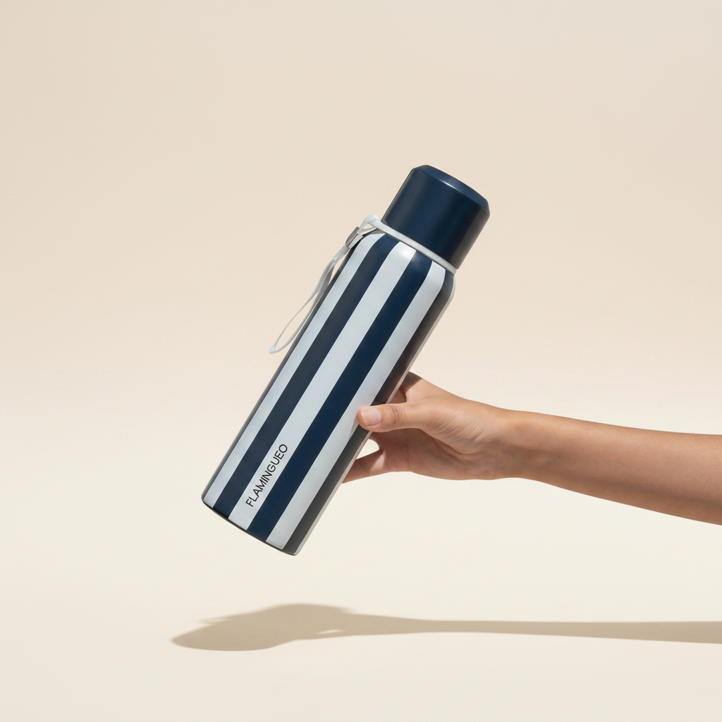 Hand holding a striped water bottle with a blurred plant background