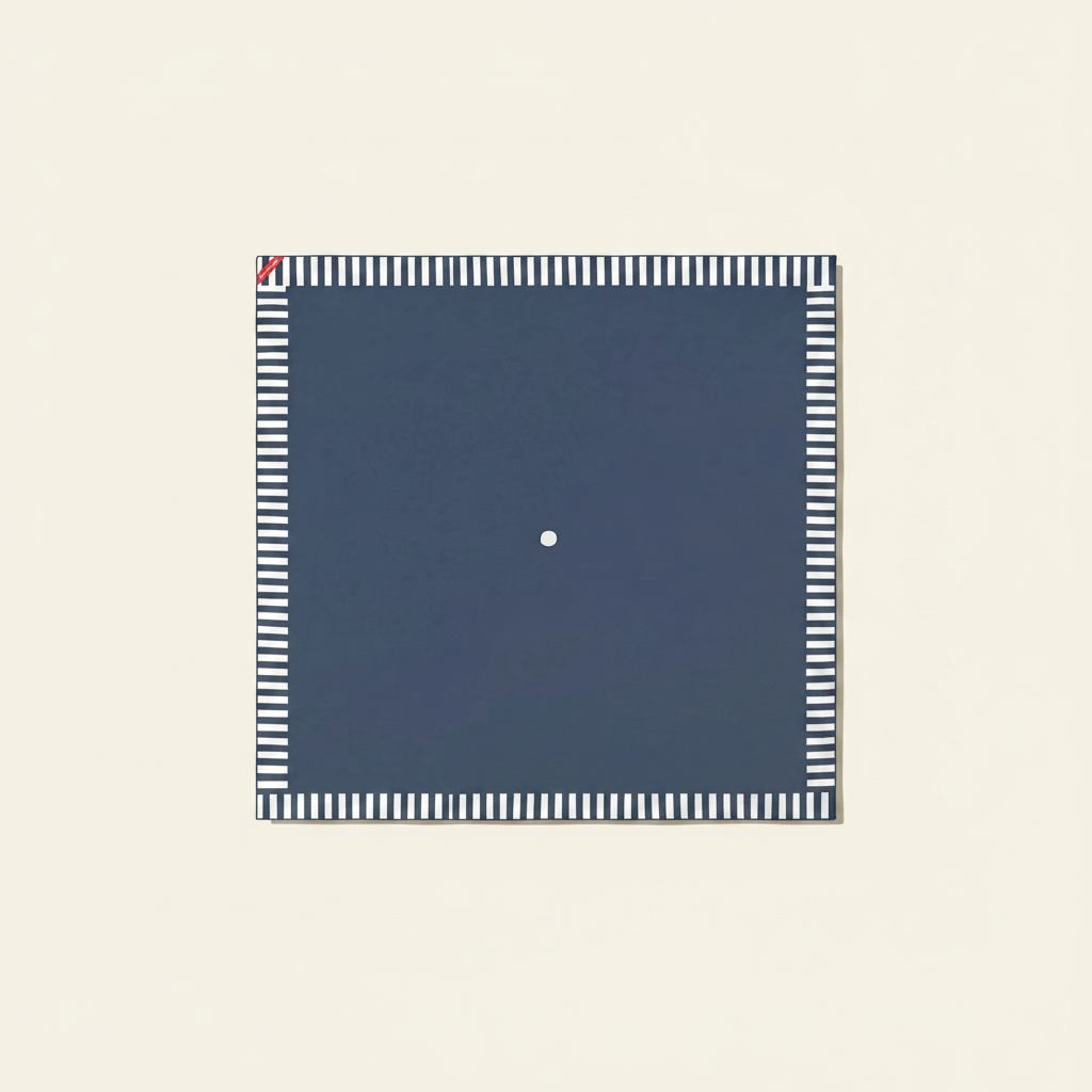 Navy blue square with a white dot and striped border