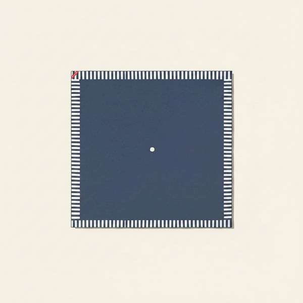 Navy blue square with a white dot and striped border