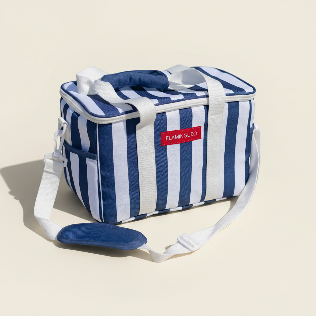 Blue and white striped cooler bag with a visible brand logo on a sandy surface