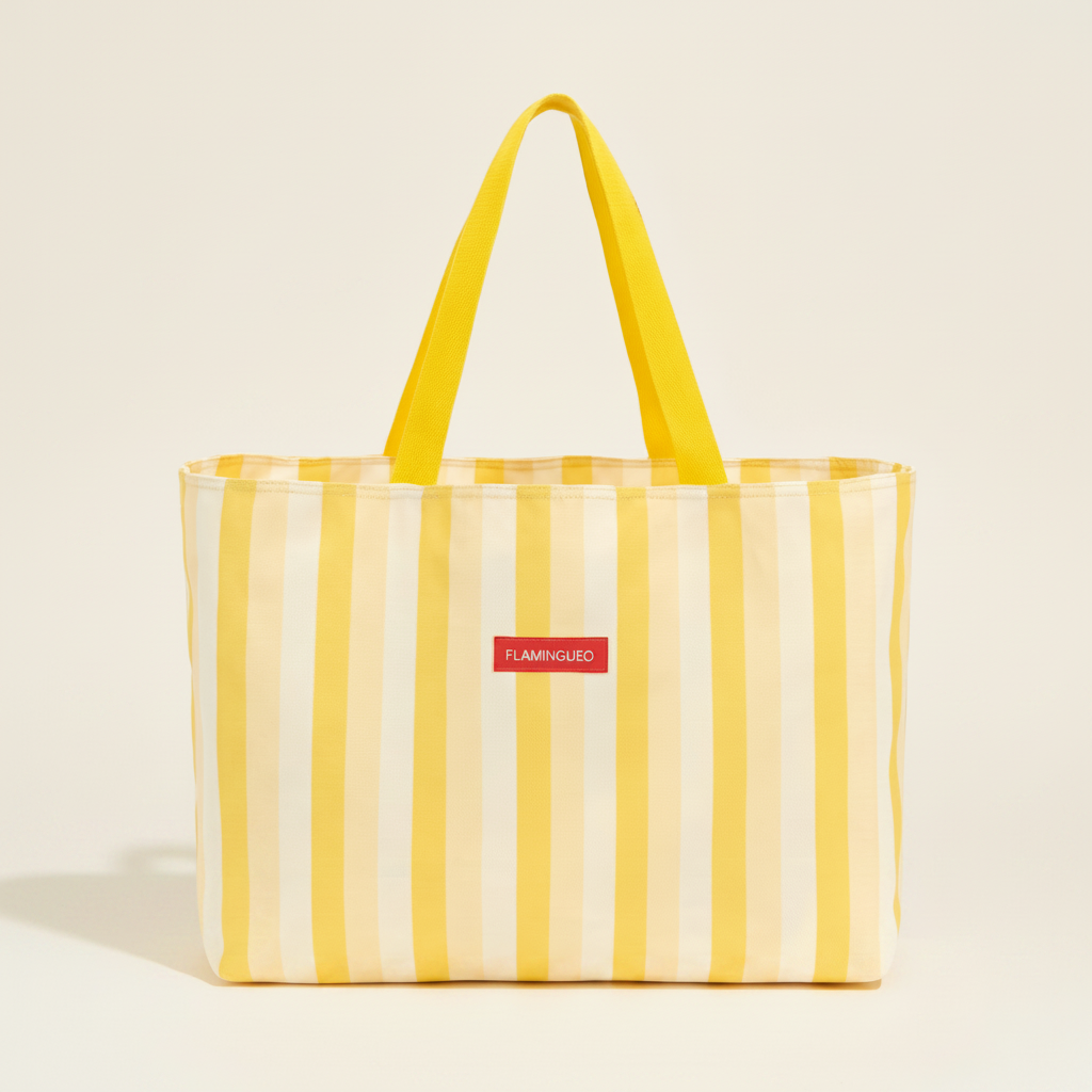 Yellow striped tote bag with a red label on a light gray background