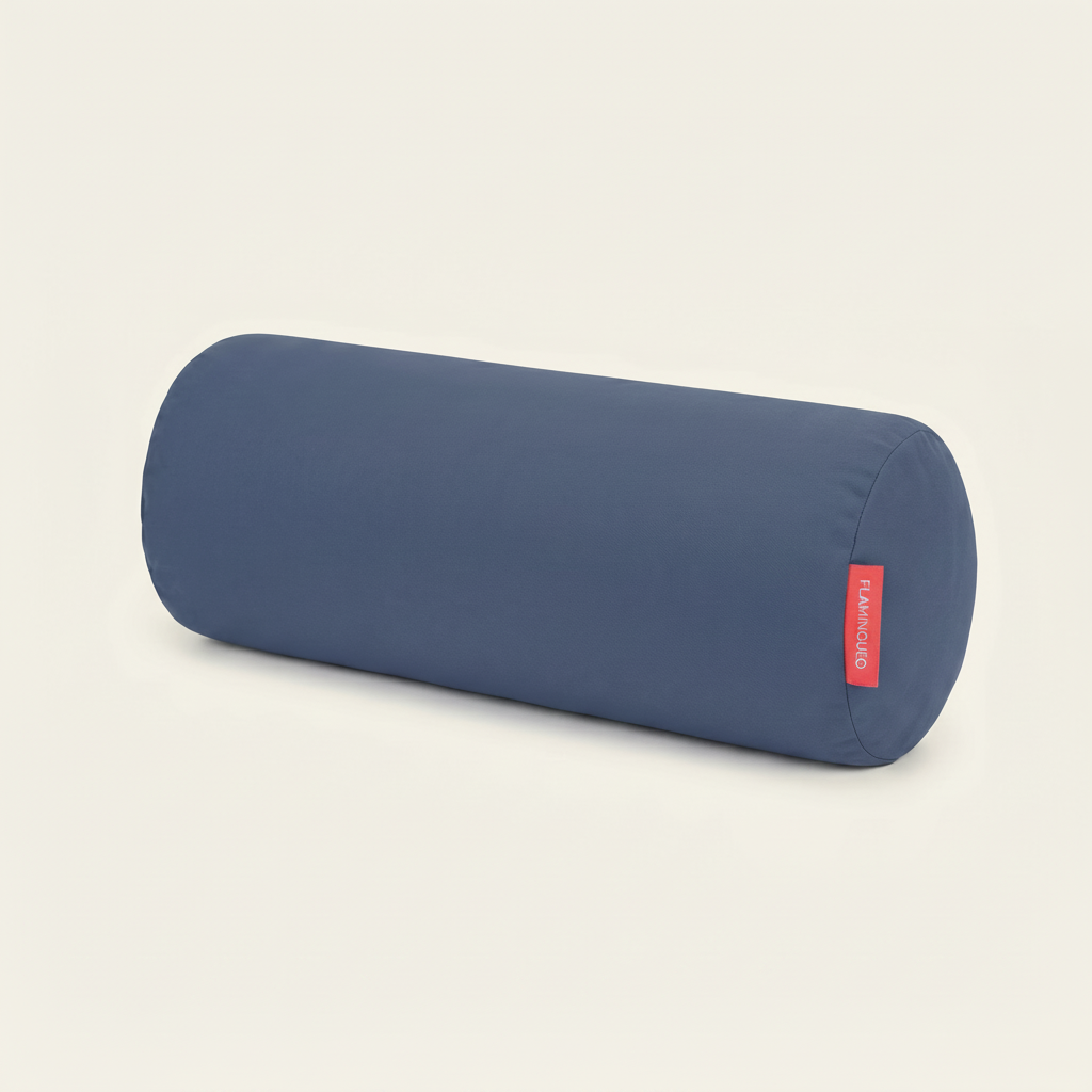 Blue cylindrical pillow with a red label on a light gray background