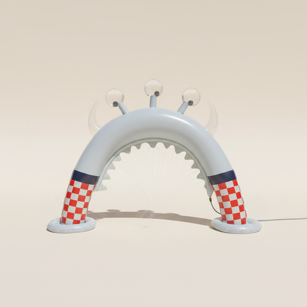 Inflatable arch with checkered pattern on a grassy area with trees and building in the background