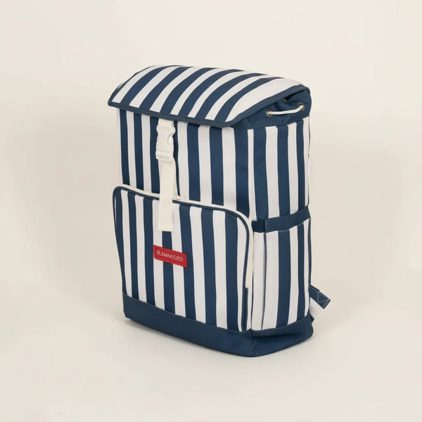 Blue and white striped backpack with a visible brand logo on a beige background