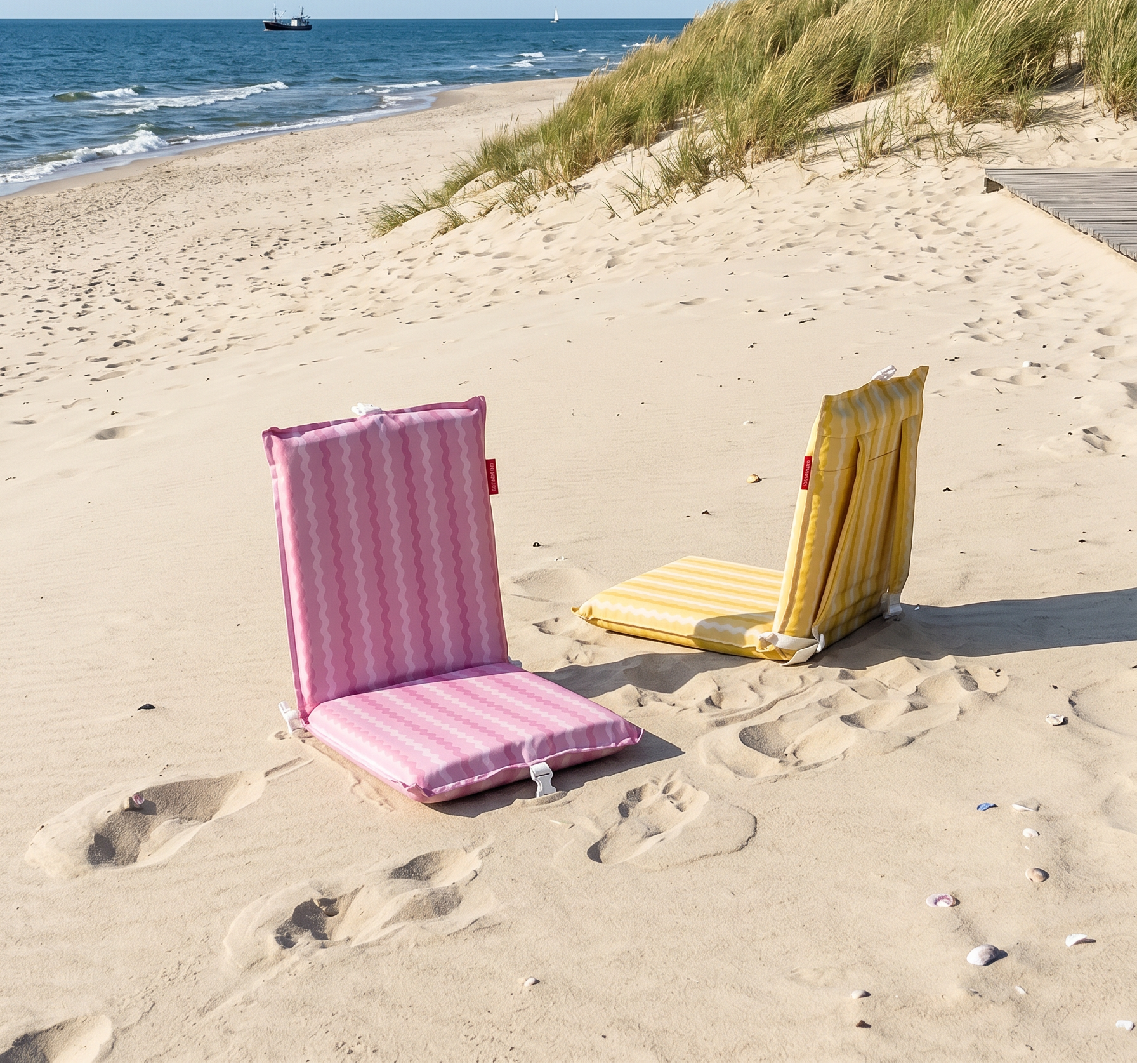 Two inflatable beach chairs on a sandy beach with ocean and dunes in the background.