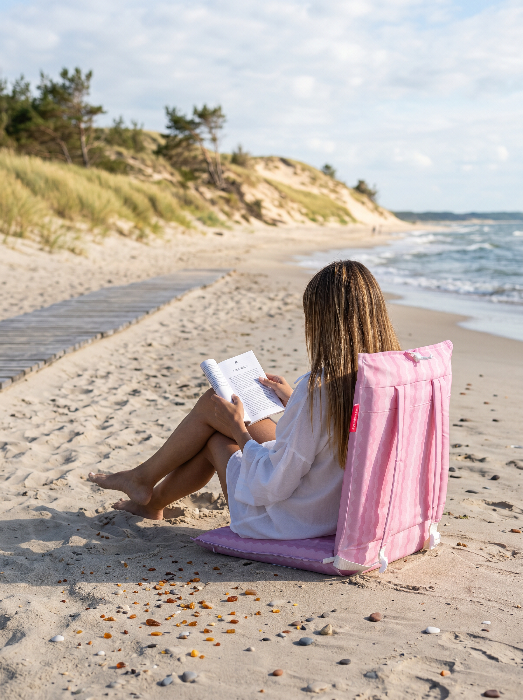 Woman sitting on a pink beach chair reading a book on a sandy beach with dunes and ocean in the background.